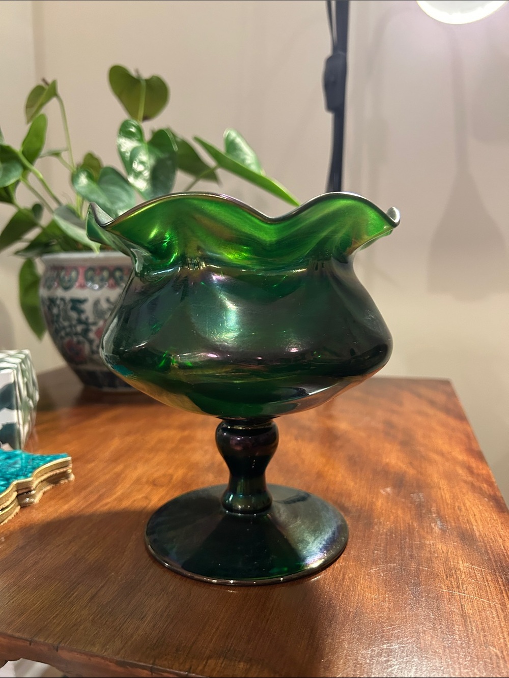 Art Nouveau Green Iridescent Ruffled Carnival Glass Pedestal Bowl